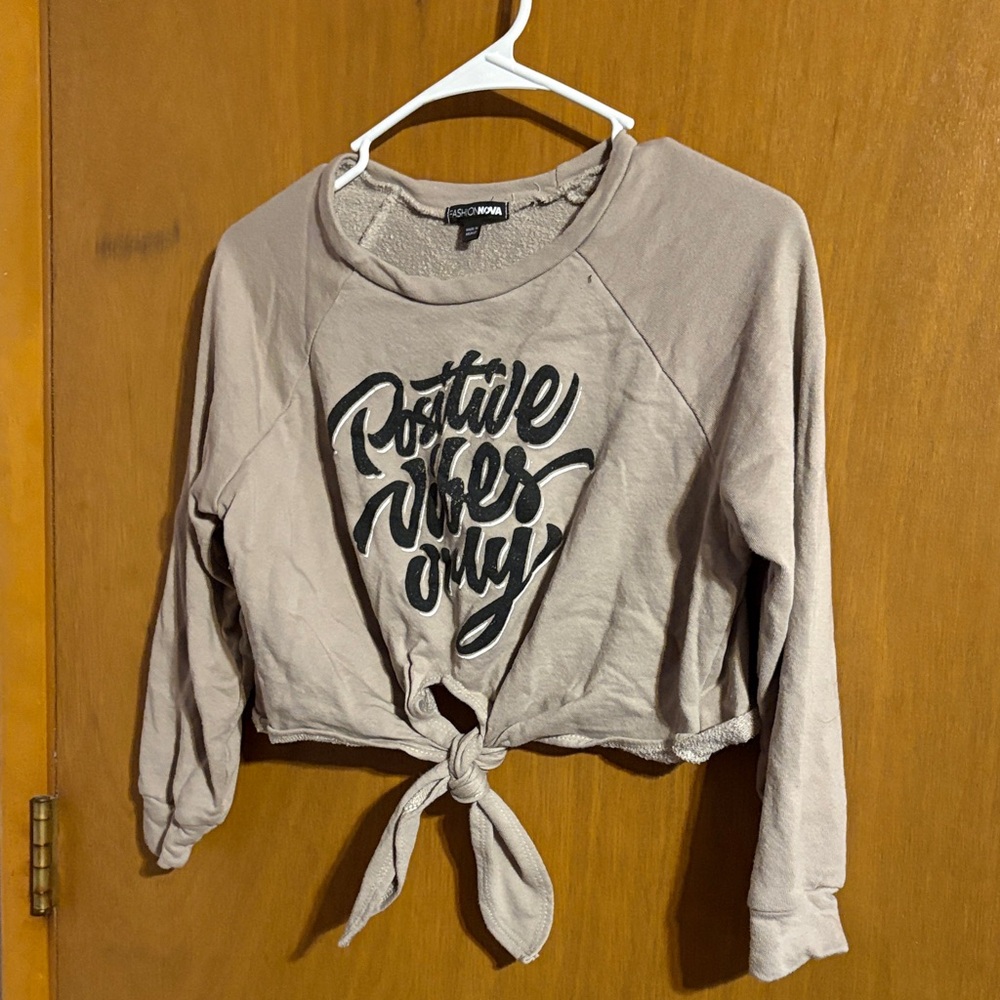 Fashion Nova Light Gray Tie-Front Hoodie